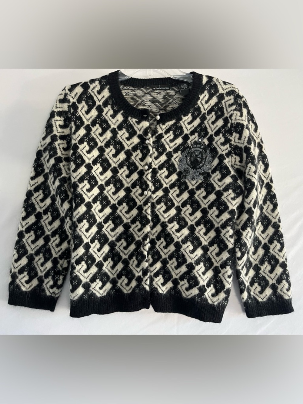 Vintage Angora Cardigan Beaded Crest Pearl Button Fuzzy Knit Sweater